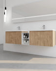 Angled view of the Monterey Series 72 inch floating vanity with double resin sinks and center shelf in modern bathroom.