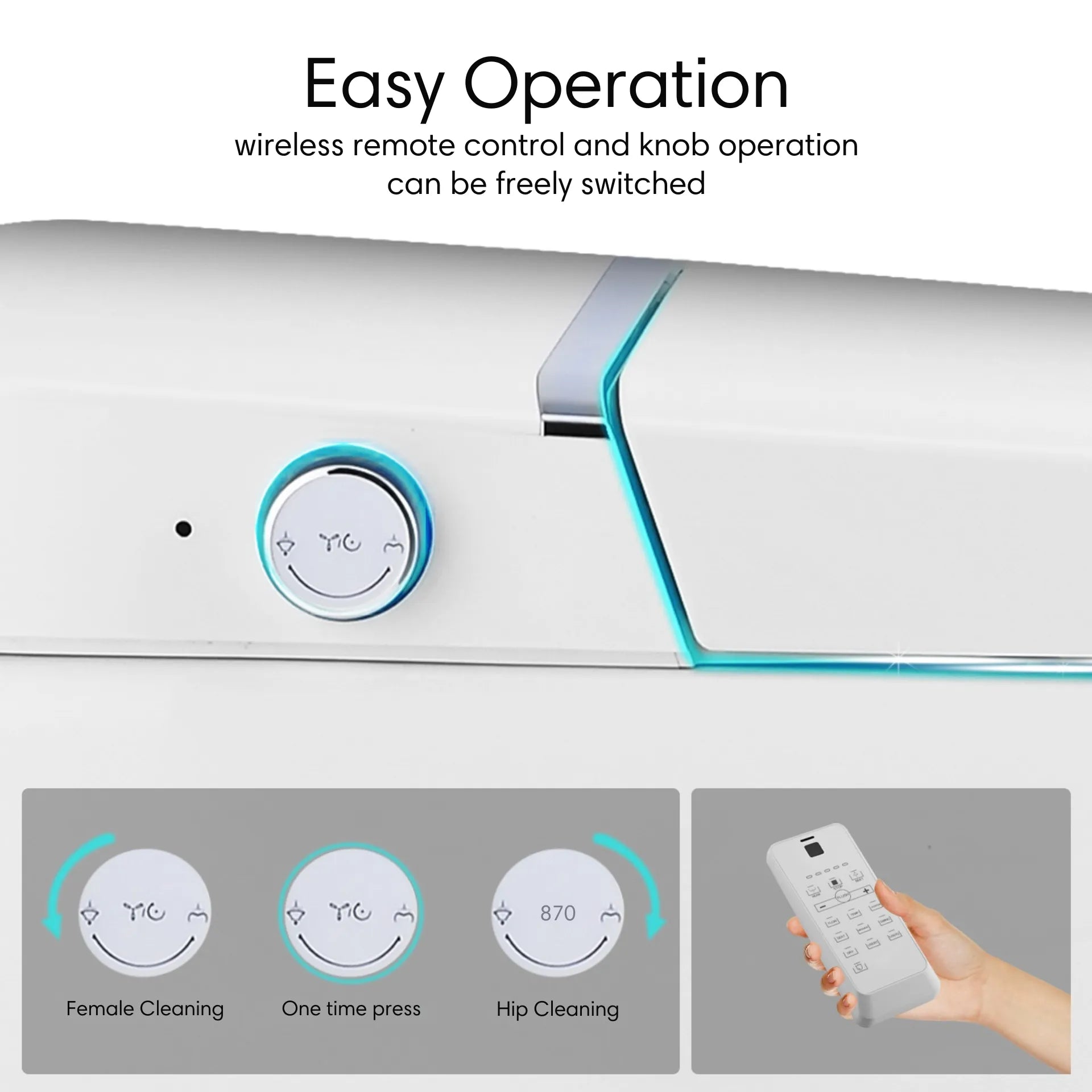 LUXOVA Smart Bidet Toilet – wireless remote control and knob operation.