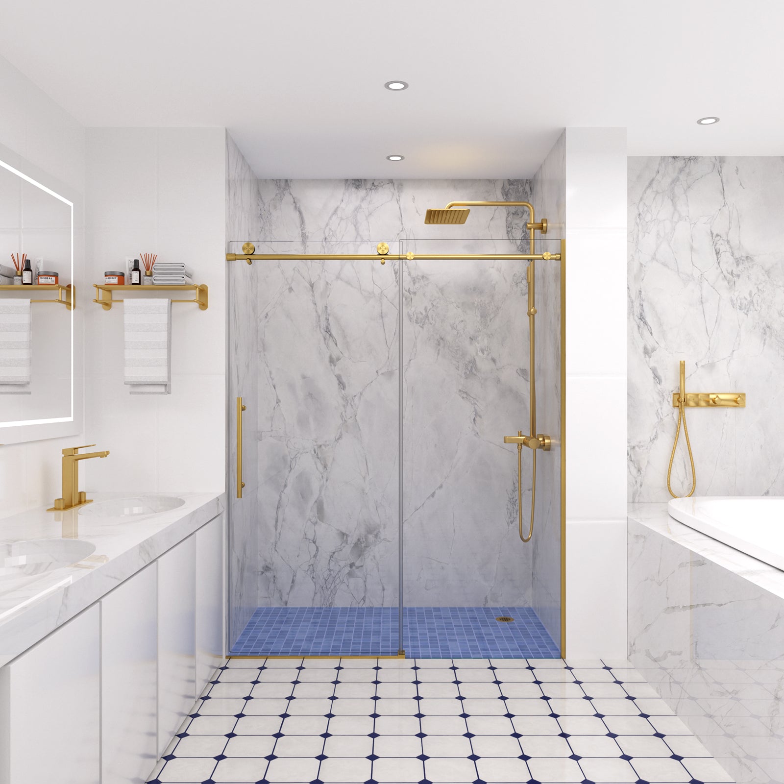 Front view of gold frameless shower door in modern bathroom, size 60 x 74 | Ace Decor