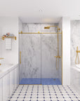 Front view of gold frameless shower door in modern bathroom, size 60 x 74 | Ace Decor