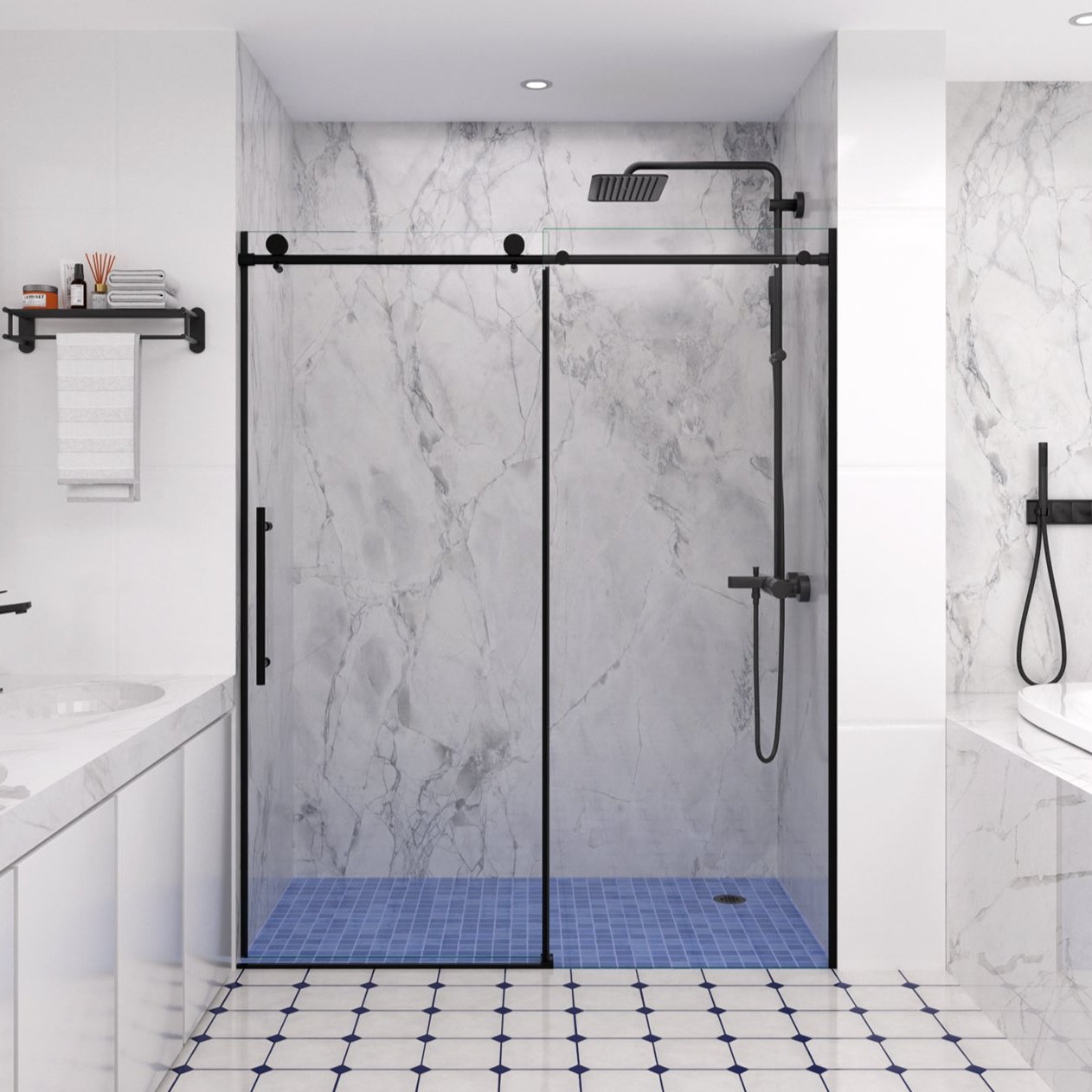 Modern bathroom with black frameless sliding shower door, size 60 x 74 | Ace Decor