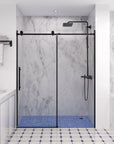 Modern bathroom with black frameless sliding shower door, size 60 x 74 | Ace Decor