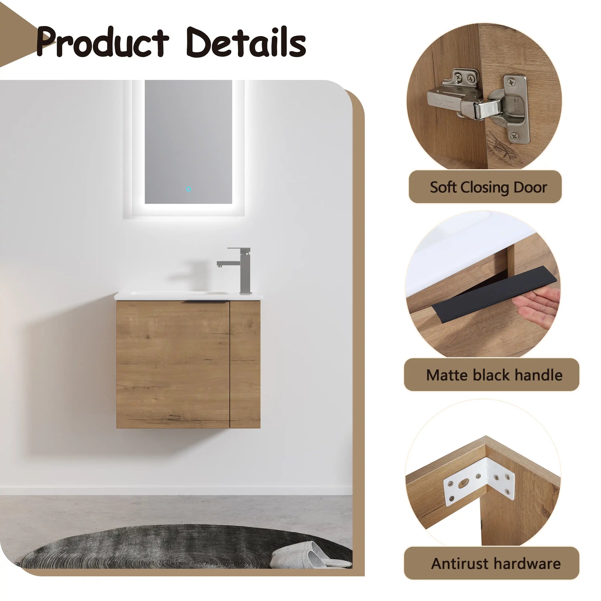 22” Imitative Oak Wall-Mounted Floating Bathroom Vanity Sink - 1 Storage Space & Side Faucet