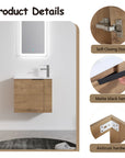 22” Imitative Oak Wall-Mounted Floating Bathroom Vanity Sink - 1 Storage Space & Side Faucet