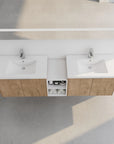 Top view of the 72 inch floating vanity in oak finish with chrome faucets and mirror in modern bathroom.