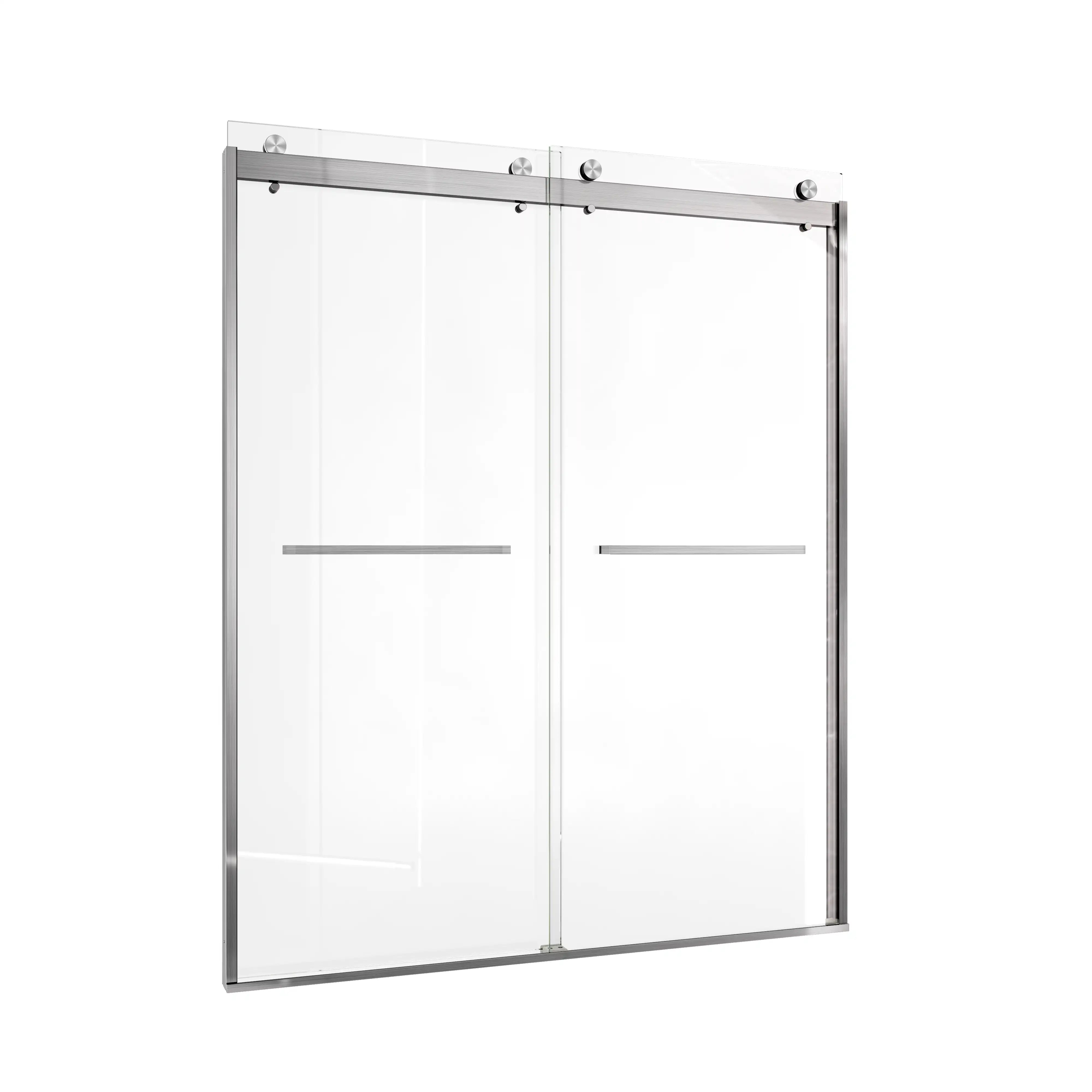 Angled view of sliding shower doors brushed nickel, frameless design, size 60 x 74 | Ace Decor