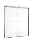 Angled view of sliding shower doors brushed nickel, frameless design, size 60 x 74 | Ace Decor