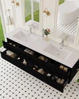 TerraLine 72" black floating vanity with open soft-close drawers and double sinks.