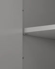 Close-up view of adjustable shelf feature inside grey linen cabinet, highlighting flexible storage setup.