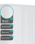 Material features of the 71.25-inch white tower bathroom cabinet, made with high-quality MDF board, smooth waterproof surface, and easy-to-clean finish.
