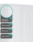 Material features of the 71.25-inch white tower bathroom cabinet, made with high-quality MDF board, smooth waterproof surface, and easy-to-clean finish.