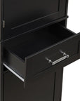 Valmor 68.1” Tall Black Bathroom Linen Cabinet with open storage drawer.