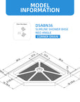 Technical dimension drawing for the 36x36 inch neo-angle shower base with corner drain, showing detailed measurements including drain specs.