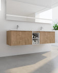 Monterey Series 72 inch bathroom vnaity with double resin sink and rectangle mirror in a natural light bathroom.