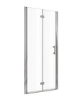 Angled product view of 30 x 72 chrome 30 inch bi-fold shower door with semi-frameless design | Ace Decor
