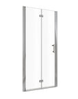 Angled product view of the 32x72 frameless bi fold shower door in chrome finish | Ace Decor