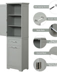 Grey Valmor 68.1 inch tall bathroom storage cabinet featuring anti-tipping device, acrylic handles, slide rails, magnetic door stopper, curved base and stainless steel door hinge.