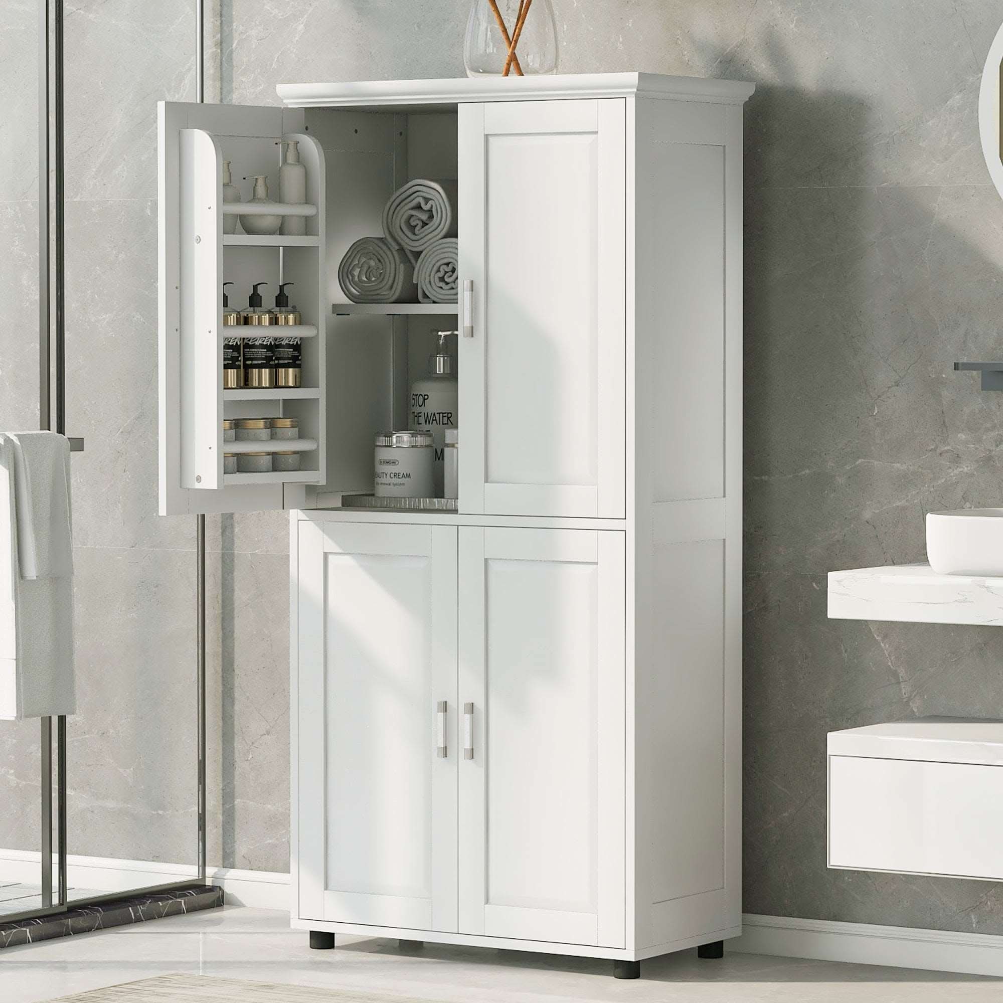White 62-inch freestanding bathroom storage cabinet with upper door open, shelves neatly arranged with rolled towels and toiletries.