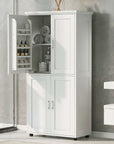 White 62-inch freestanding bathroom storage cabinet with upper door open, shelves neatly arranged with rolled towels and toiletries.