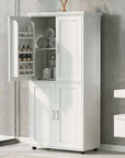 White 62-inch freestanding bathroom storage cabinet with upper door open, shelves neatly arranged with rolled towels and toiletries.