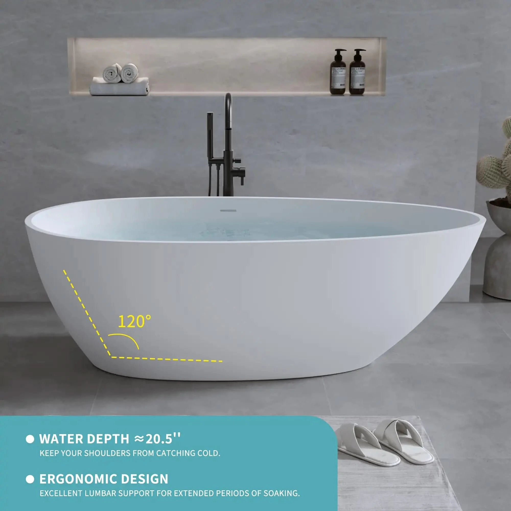 A modern freestanding bathtub featuring a 120° ergonomic backrest and 20.5 inch soaking depth for ultimate comfort. |ACE DECOR