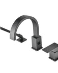 Top view of FLUNIX Matte Black Waterfall Roman Tub Faucet Set with handheld shower and lever handle for stylish bathrooms.