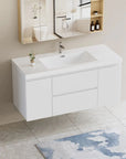 48 inch white floating bathroom vanity installed in a modern bathroom with clean minimalist styling | Ace Decor