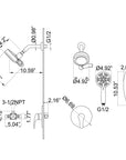 Dorian Series matte black dual-function shower set dimensions and installation diagram.