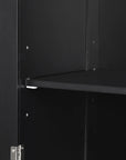 Valmor 68.1” Tall Black Bathroom Linen Cabinet with adjustable shelves inside.