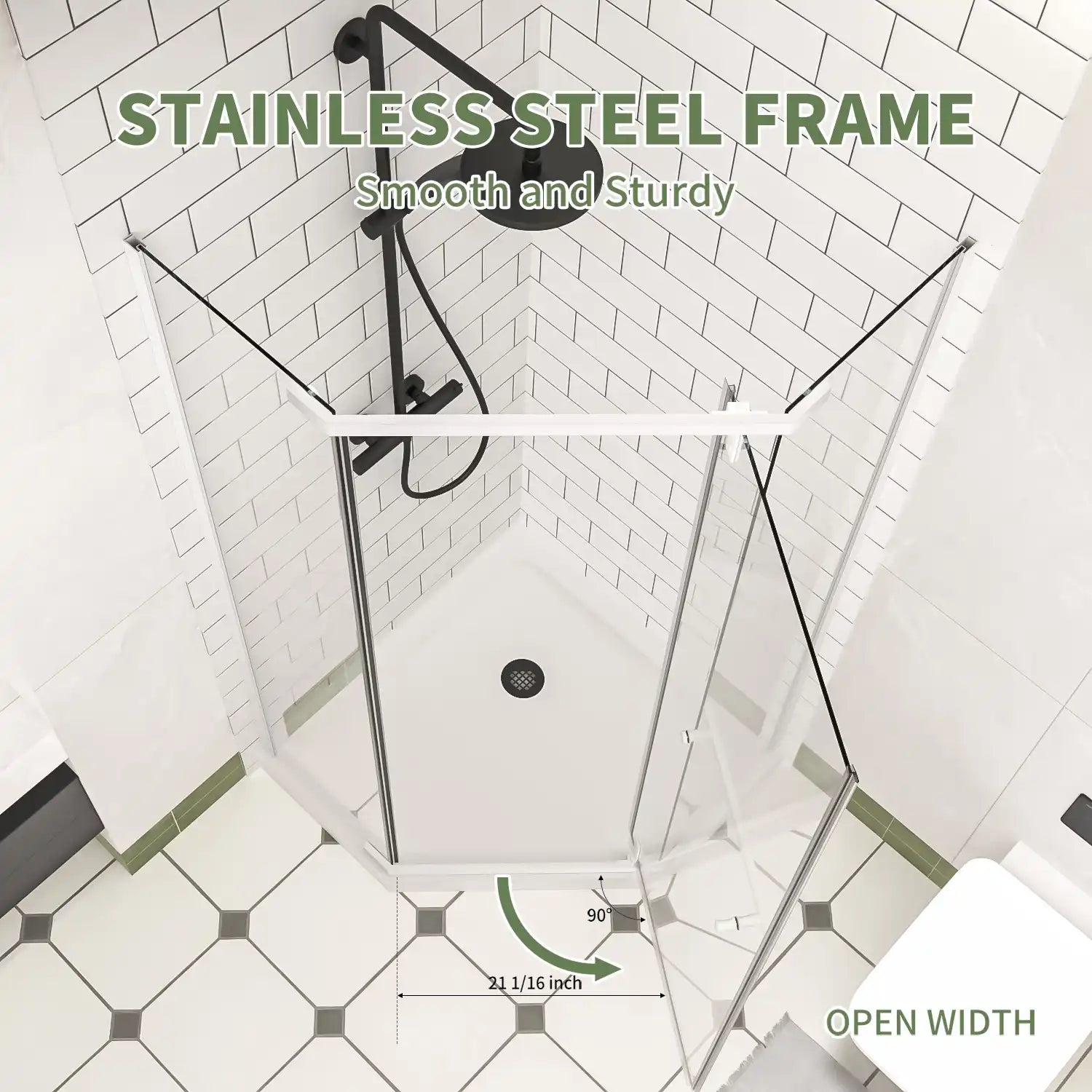 36" x 36" x 72" semi-frameless corner angle shower with stainless steel frame, top view open width | Ace Decor