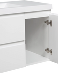 48 inch white floating bathroom vanity with soft-close cabinet and durable metal hinges.