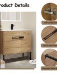 36" freestanding 36 inch bathroom vanity showing soft-close doors, black metal handle, and sturdy metal legs | Ace Decor