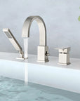 FLUNIX Brushed Nickel Waterfall Roman Tub Faucet Set filling bathtub with running water.