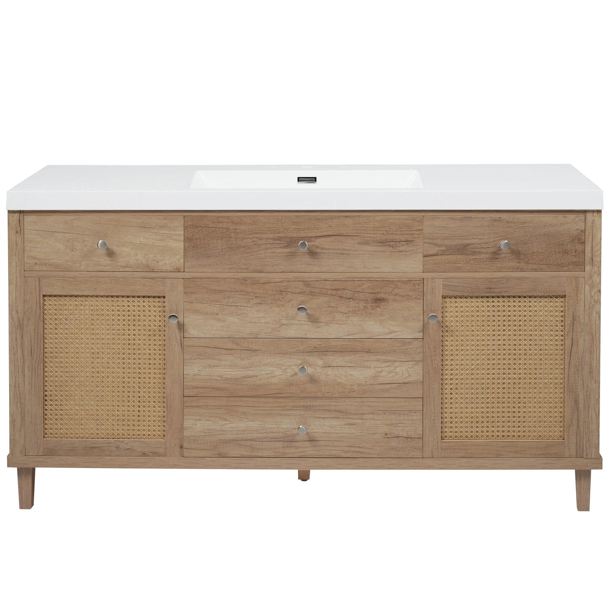 A stylish Modern Wood Bathroom Vanity with a white countertop, woven rattan cabinet doors, and multiple storage drawers. |ACE DECOR