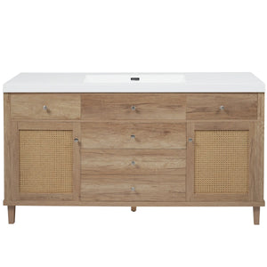 A stylish Modern Wood Bathroom Vanity with a white countertop, woven rattan cabinet doors, and multiple storage drawers. |ACE DECOR
