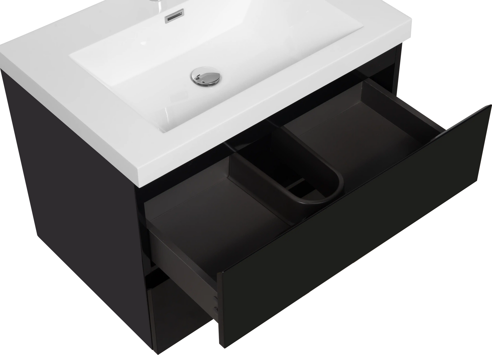 24-42 Inch Glossy Black Bathroom Floating Vanity with Resin Sink and 2 Soft-Close Drawers