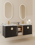 60 inch bathroom combo vanities showing detailed dimensions, black floating double sink vanity with center shelf | Ace Decor