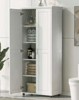 Tall 71.25-inch white bathroom tower cabinet with double doors open in a contemporary bathroom setting.