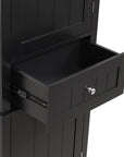 Drawer detail of Norrin 67.3 inch black tall narrow bathroom storage cabinet for bathroom essentials.