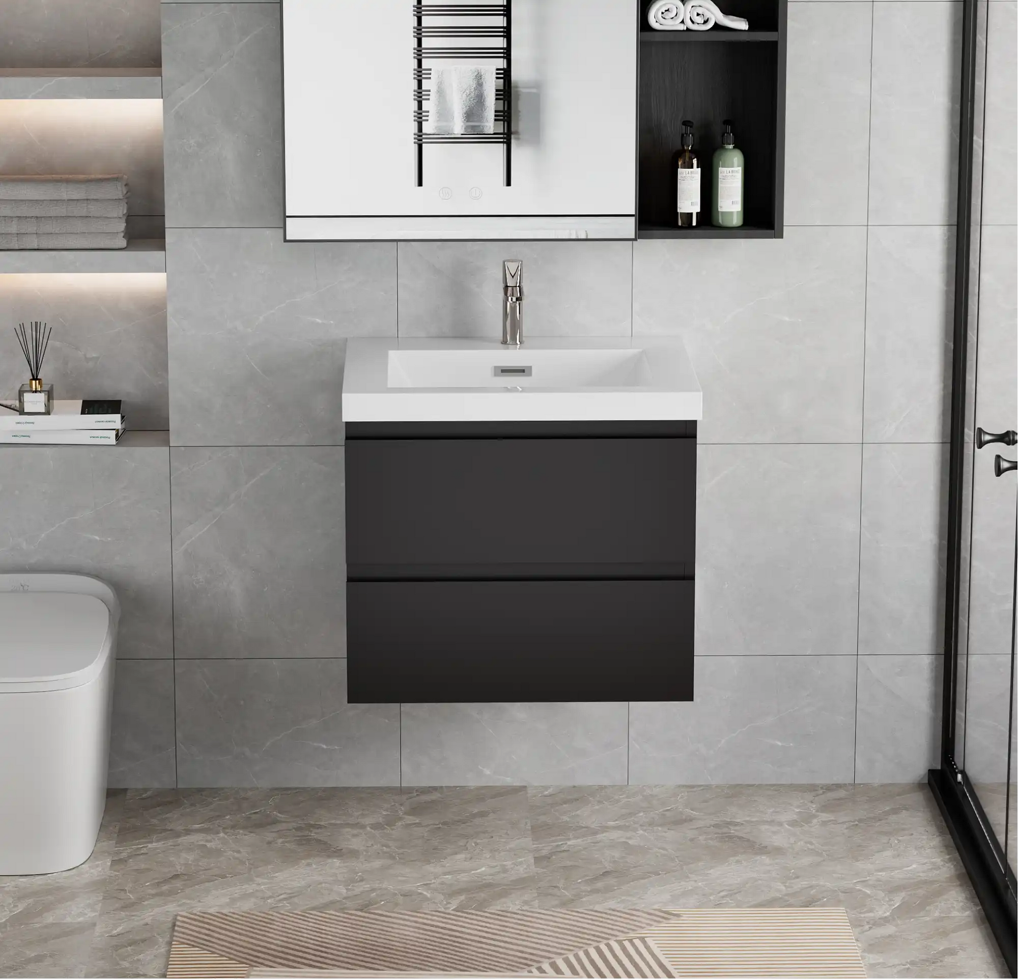 24-42 Inch Glossy Black Bathroom Floating Vanity with Resin Sink and 2 Soft-Close Drawers