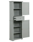 Norrin 67.3 inch grey tall narrow bathroom storage cabinet with open door, shelves and drawer.