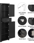 Detail view of Norrin 67.3 inch black bathroom storage cabinet, high quality hardware including slide rails,magnetic stopper, anti-tipping device and durable metal hinges