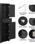 Detail view of Norrin 67.3 inch black bathroom storage cabinet, high quality hardware including slide rails,magnetic stopper, anti-tipping device and durable metal hinges.