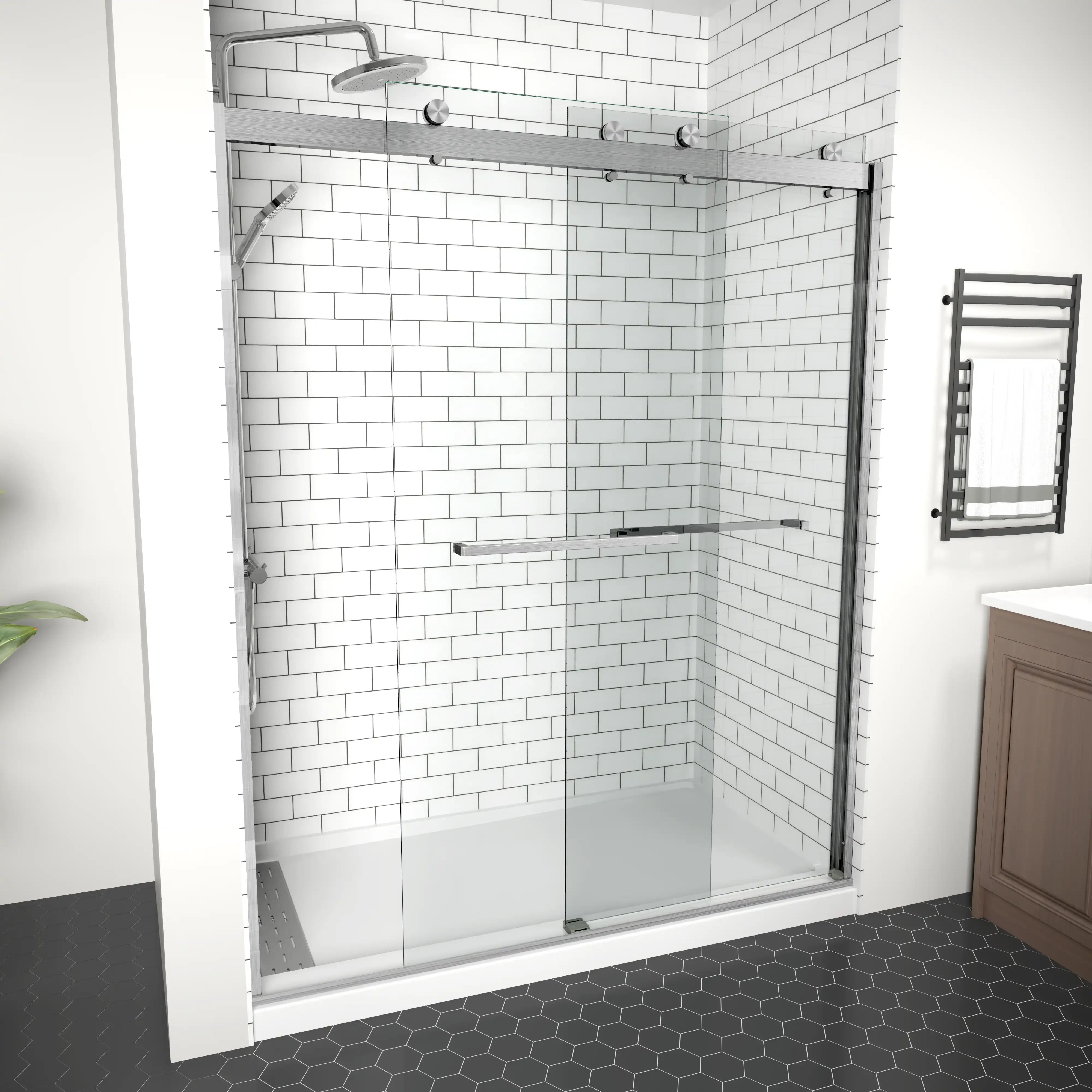 Side view of sliding shower doors brushed nickel, frameless design, size 60 x 74, shown in open position | Ace Decor