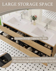 72-inch light oak wall-mounted double sink vanity with four storage drawers.