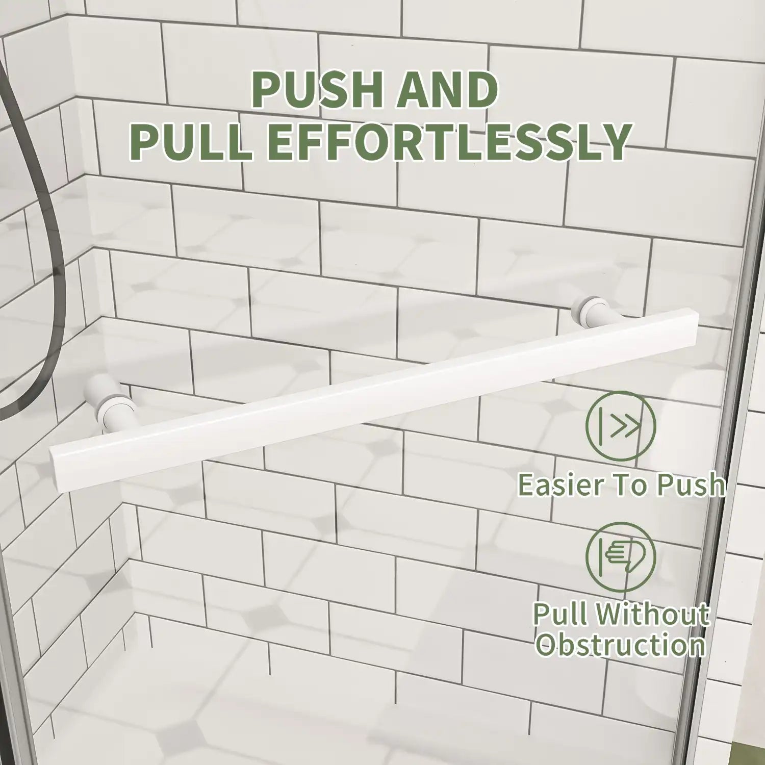 36" x 36" x 72" semi-frameless corner angle shower handle in matte white finish, push and pull effortlessly | Ace Decor