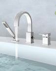 FLUNIX Chrome Waterfall Roman Tub Faucet filling bathtub with running water.