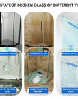 Comparison of broken ordinary, tempered, and stick-film glass with low, medium, and high safety. | Ace Decor
