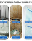 Comparison of broken ordinary, tempered, and stick-film glass with low, medium, and high safety.