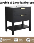 30" black vanity bathroom with durable engineered wood cabinet and white sink | Ace Decor